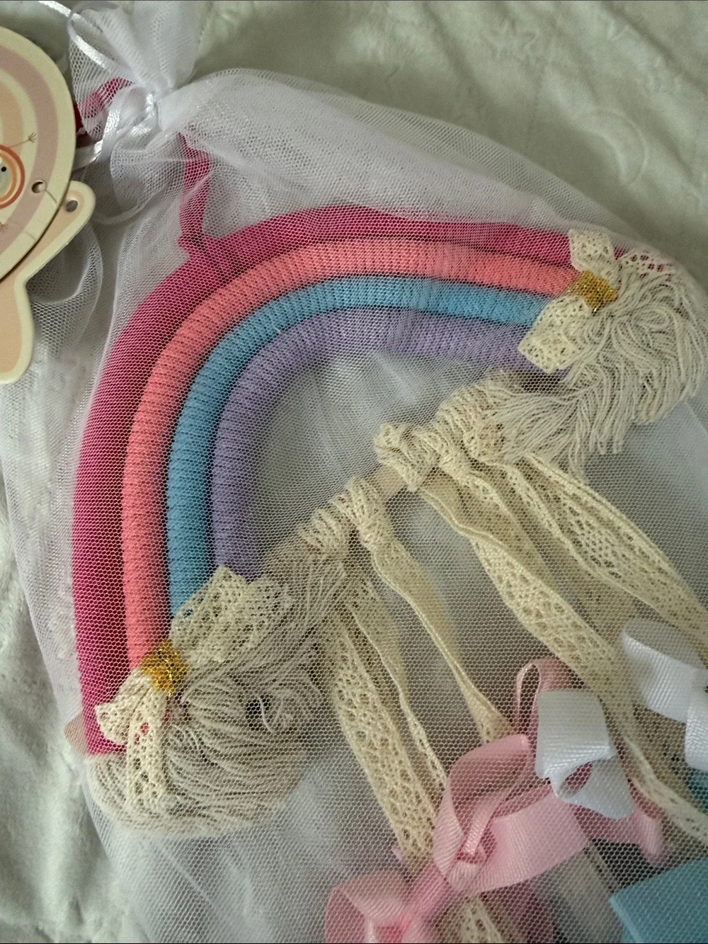 Rainbow Macramé Hair Bow Organizer with Multicolor Bows